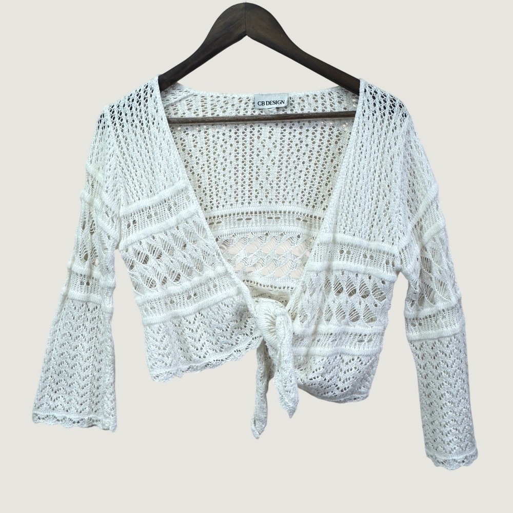 CB Design Crochet Tie Front Top Cardigan Womens M White Bell Sleeve Shrug Y2K 90